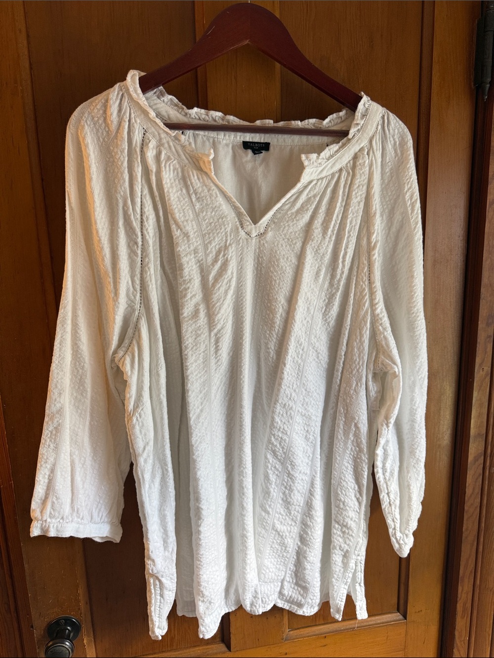 Talbot Seersucker White Textured V-Neck Cotton Blouse